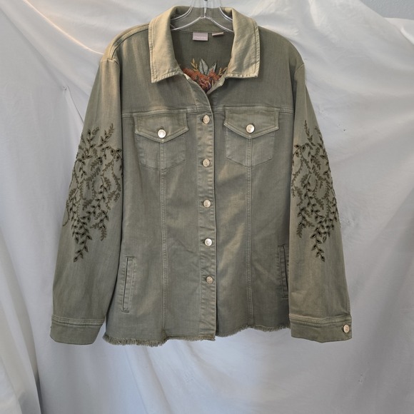 Chico's Jackets & Blazers - Chico's Sage Green Embroidered Jacket Floral Boho Utility Trucker Frayed Hem XL